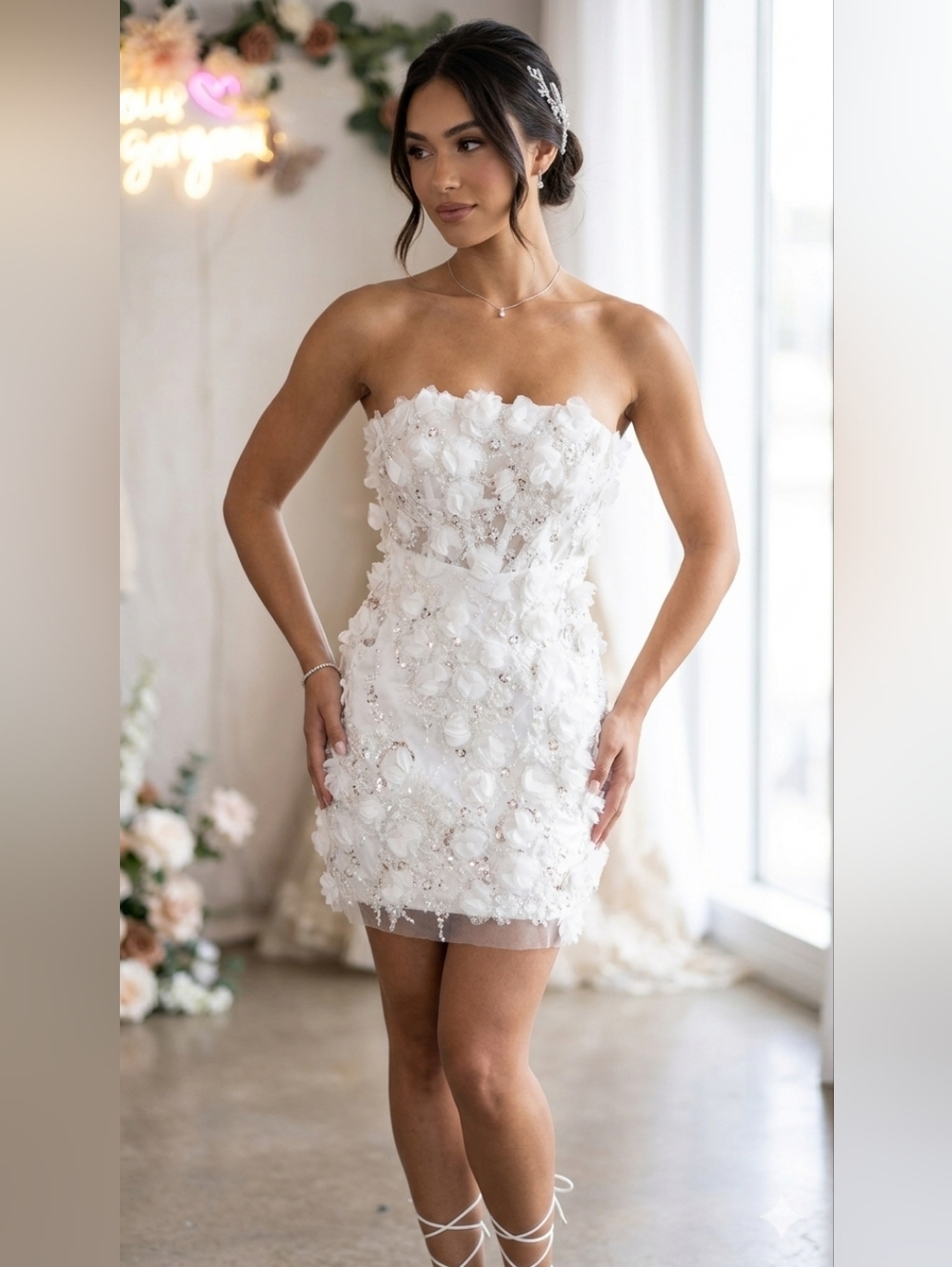 NWT White 3D Floral Corseted Embellished Mini Dress
